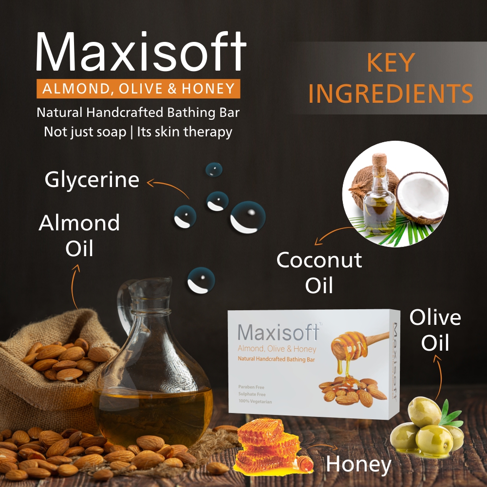 Maxisoft Almond Olive Honey Natural Handcrafted Bathing Bar (100 gm)