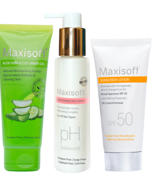 Maxisoft Everyday Skin Essential Kit (Brightening Face Wash 100 ml + Natural Aloe Vera & Cucumber Gel 120 gm + SPF 50 Sunscreen Lotion 50 ml)