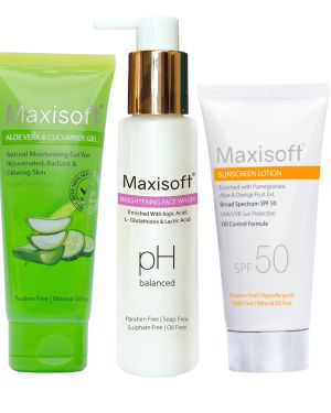 Maxisoft Everyday Skin Essential Kit (Brightening Face Wash 100 ml + Natural Aloe Vera & Cucumber Gel 120 gm + SPF 50 Sunscreen Lotion 50 ml)